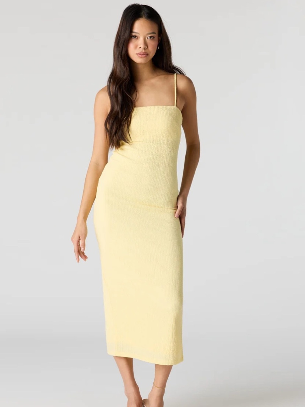 Urban Planet Pale Yellow Smocked Midi Dress with Spaghetti Straps